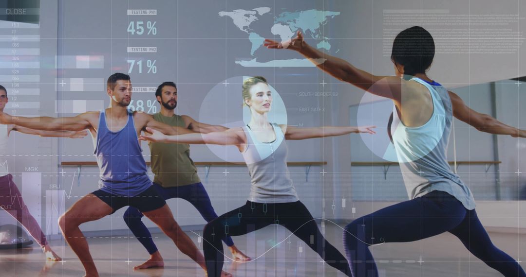 Diverse Group Practicing Yoga with Digital Graph Overlays
