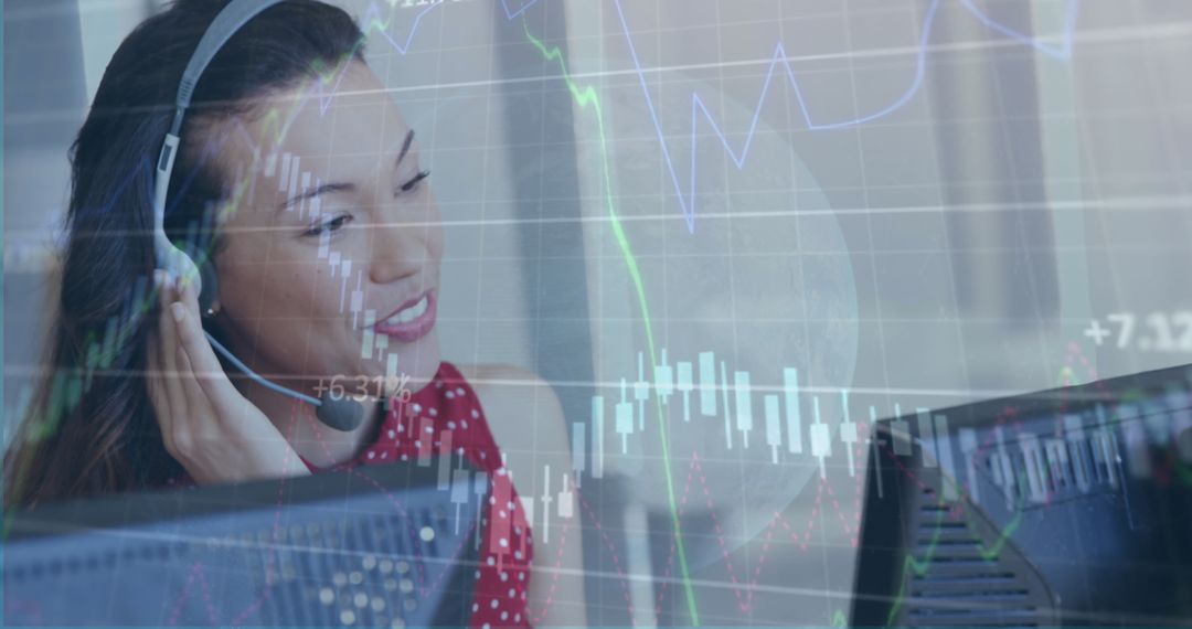 Multitasking Businesswoman Analyzing Data with Headset