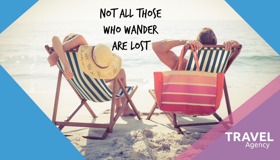 Couple Relaxing on Beach Loungers with Inspirational Travel Quote - Download Free Stock Templates Pikwizard.com