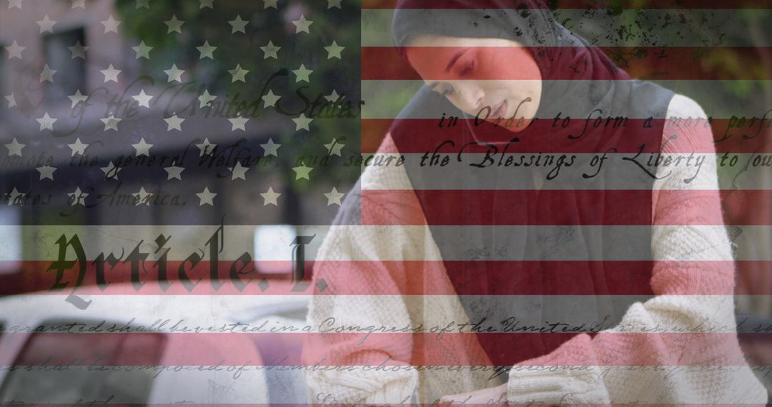 Pensive Woman Wearing Hijab with American Flag and Constitution Overlay - Free Images, Stock Photos and Pictures on Pikwizard.com