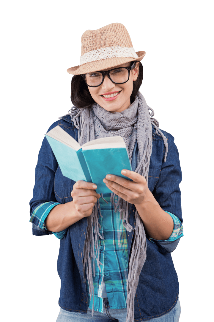 Smiling Woman Reading Book on Transparent Background