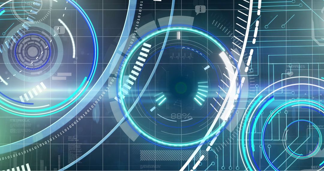 Futuristic Digital Interface with Circles and Data Streams
