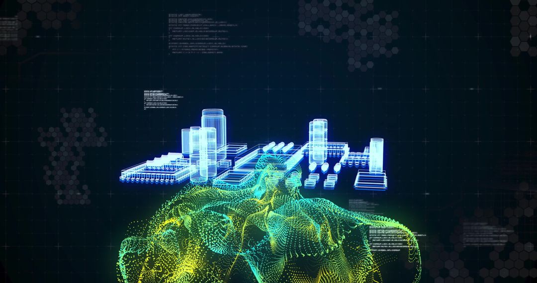 Holographic Cityscape Above Digital Mesh in Futuristic Virtual Environment