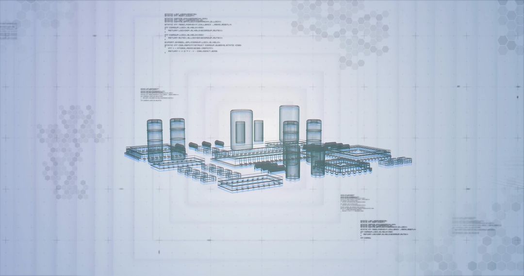 Futuristic Wireframe Model of Industrial Plant with Tanks and Piping