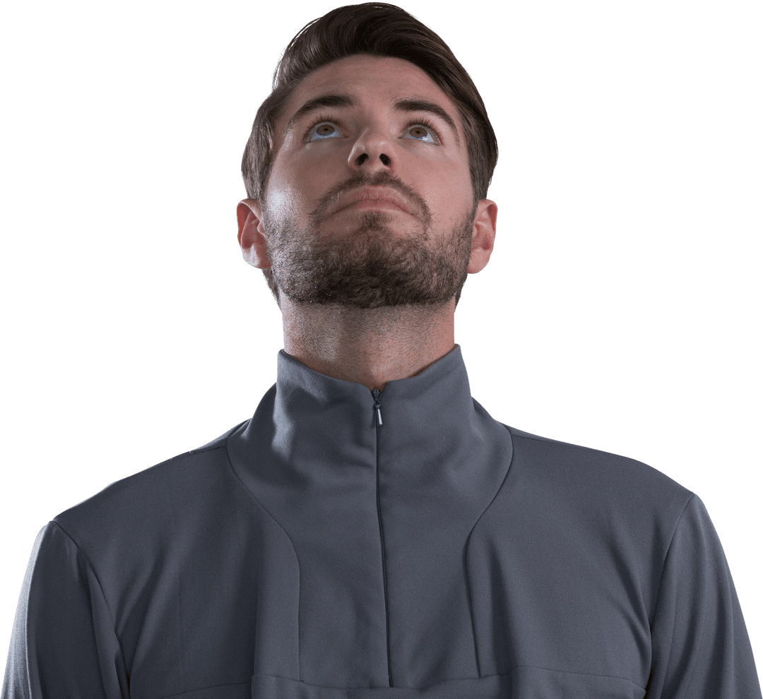 Thoughtful Caucasian Man Staring Upward on Transparent Background