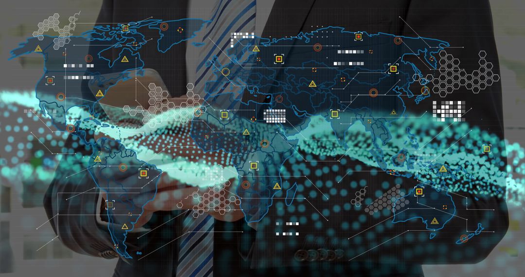 Businessman Engaging with Holographic Data Visualization Map in Office
