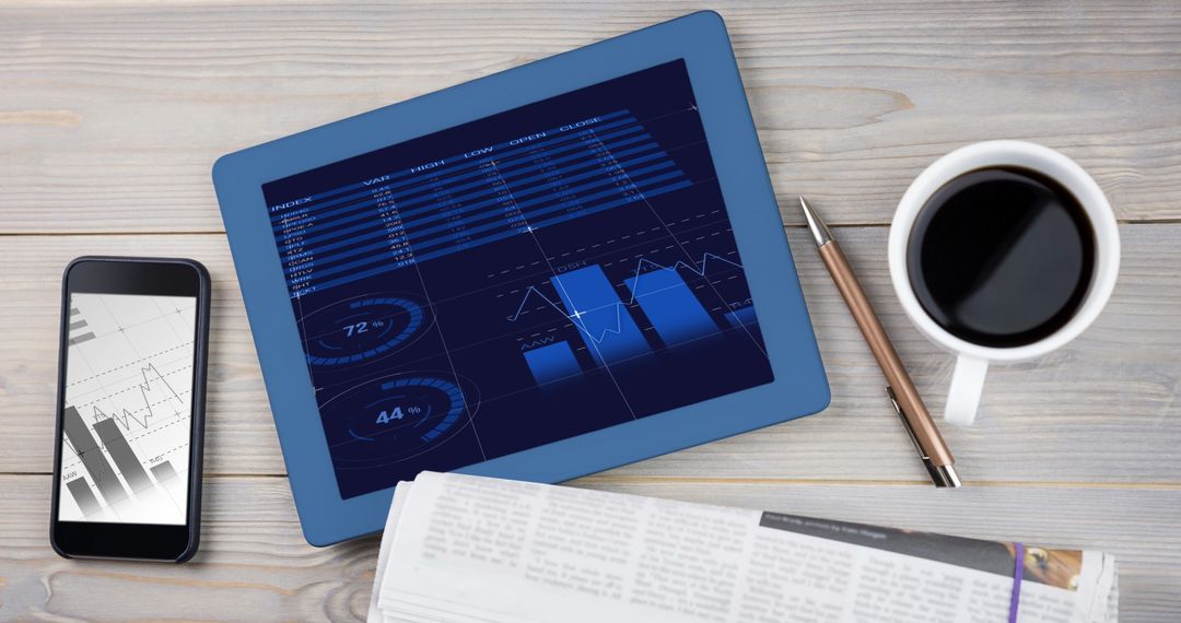 Digital Finance Analysis with Smartphone and Tablet on Desk