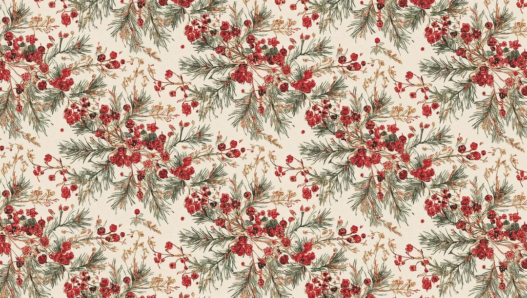 Seamless watercolor pine sprig pattern featuring red berries and golden foliage