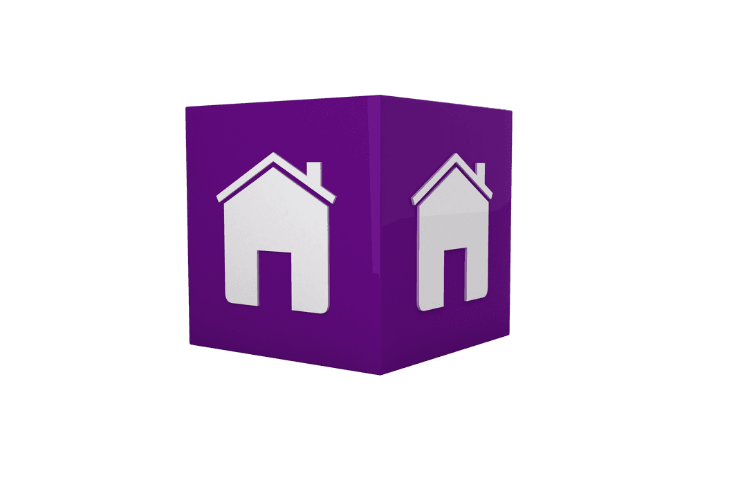 Purple Cube with House Icons on Transparent Background