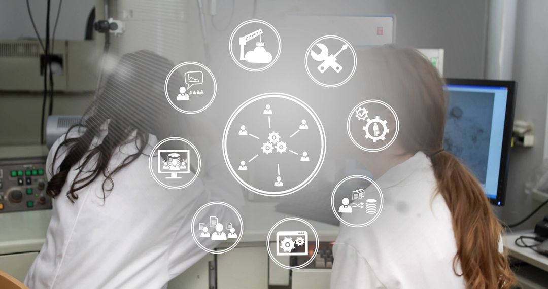 Female Scientists Analyzing Microscopy Data with Technology Interface