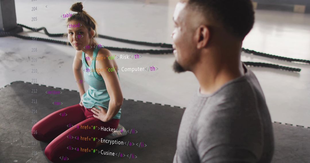 Athlete Listening to Trainer in Industrial Gym with Coding Overlay and Fitness Focus