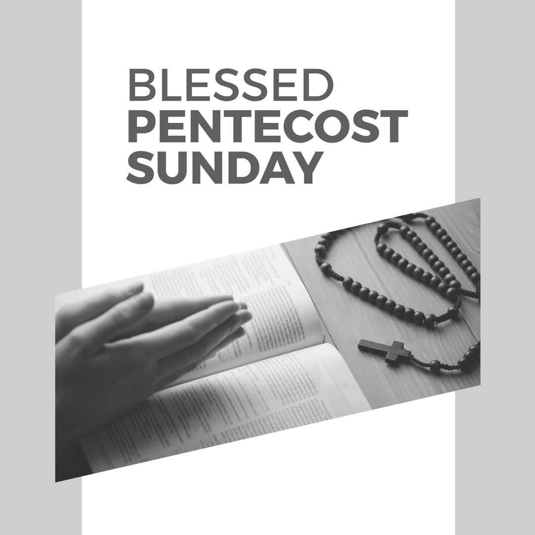 Hands Praying Over Bible With Rosary on Pentecost Sunday
