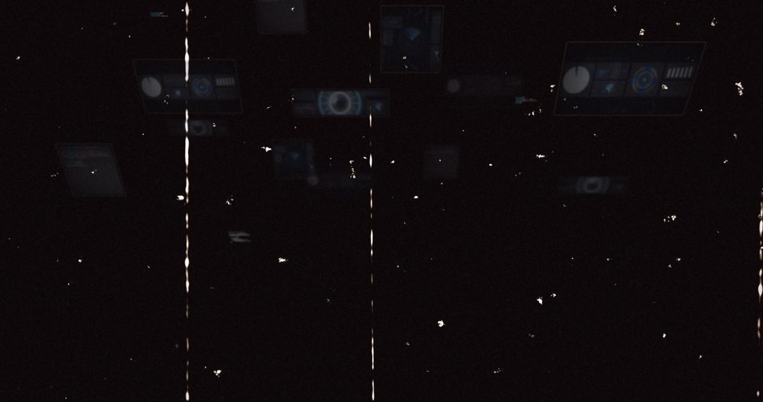 Faint Neon HUD Panels Floating in Dark Scene with Blue UI Glow, Film Dust and Vertical Light Streaks