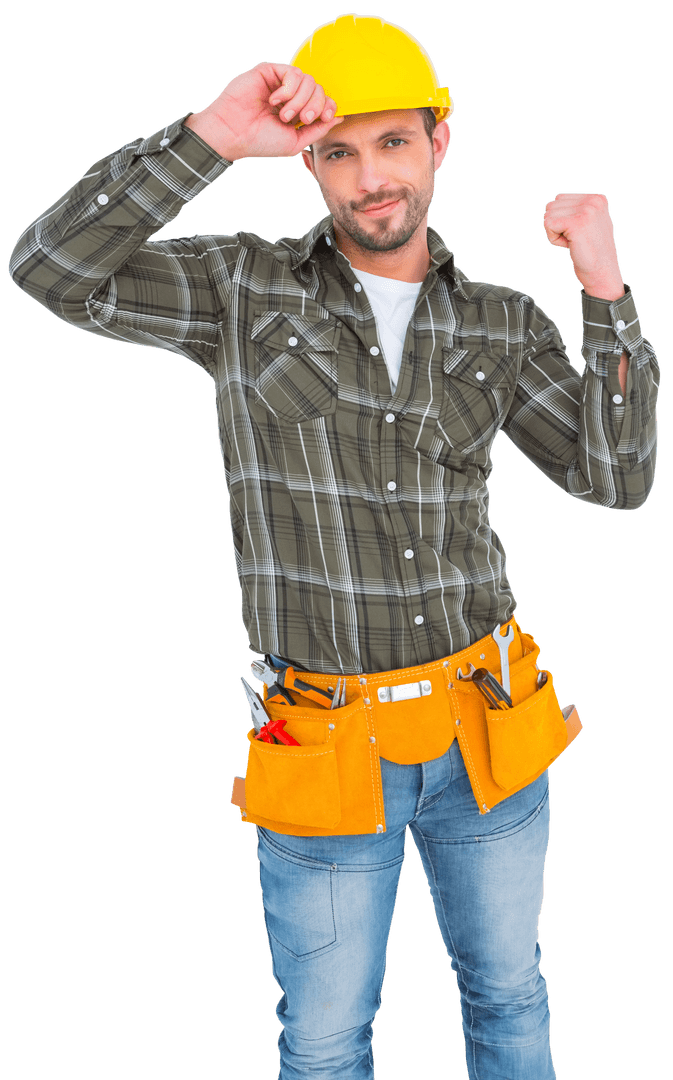 Smiling Construction Worker with Tool Belt on Transparent Background