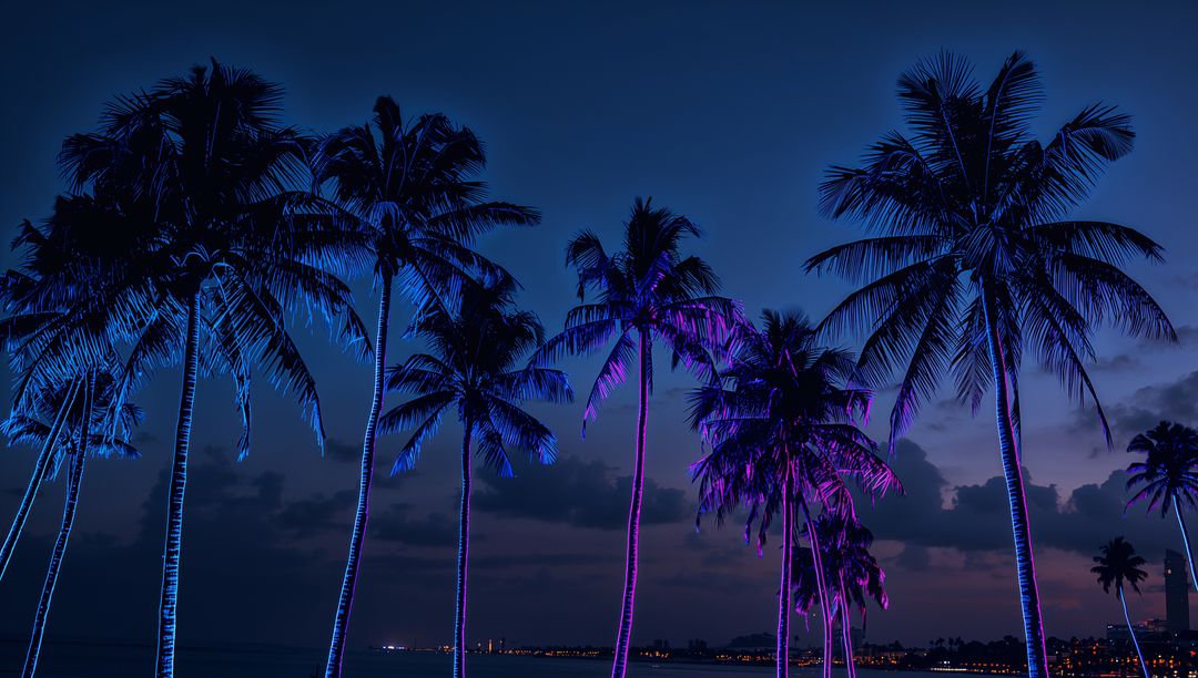 Neon-Lit Palm Trees Glowing Along Coastal Promenade at Twilight with City Skyline Lights