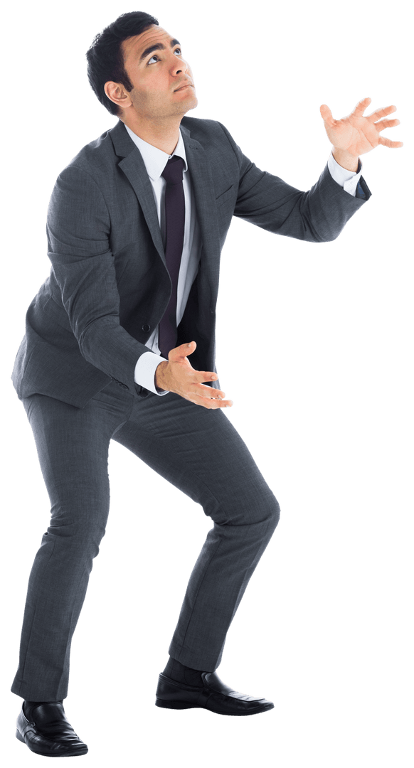 Transparent Businessman Looking Up with Raised Hands Floored by Decisions