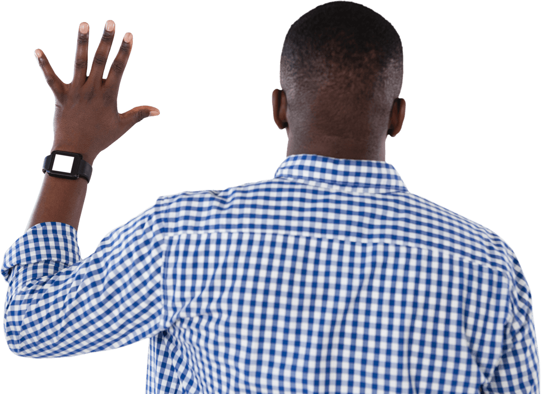 Transparent Rear View Man Raising Hand in Checkered Shirt with Smartwatch