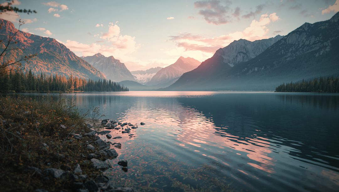 Reflective Alpine Lake with Scenic Mountains at Sunset