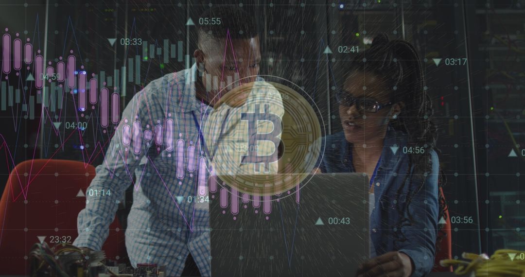 Technicians Analyzing Cryptocurrency Data in Server Room
