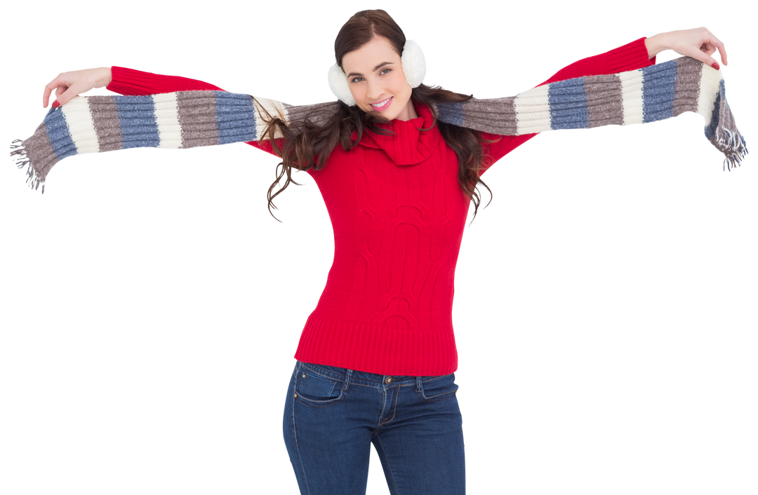 Cheerful Brunette Energizes Winter Look with Colorful Scarf, Earmuffs - Download Free Stock Images Pikwizard.com