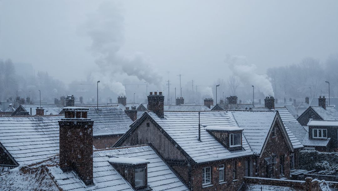Snow-dusted terraced houses with chimneys steaming and snow falling over rooftops