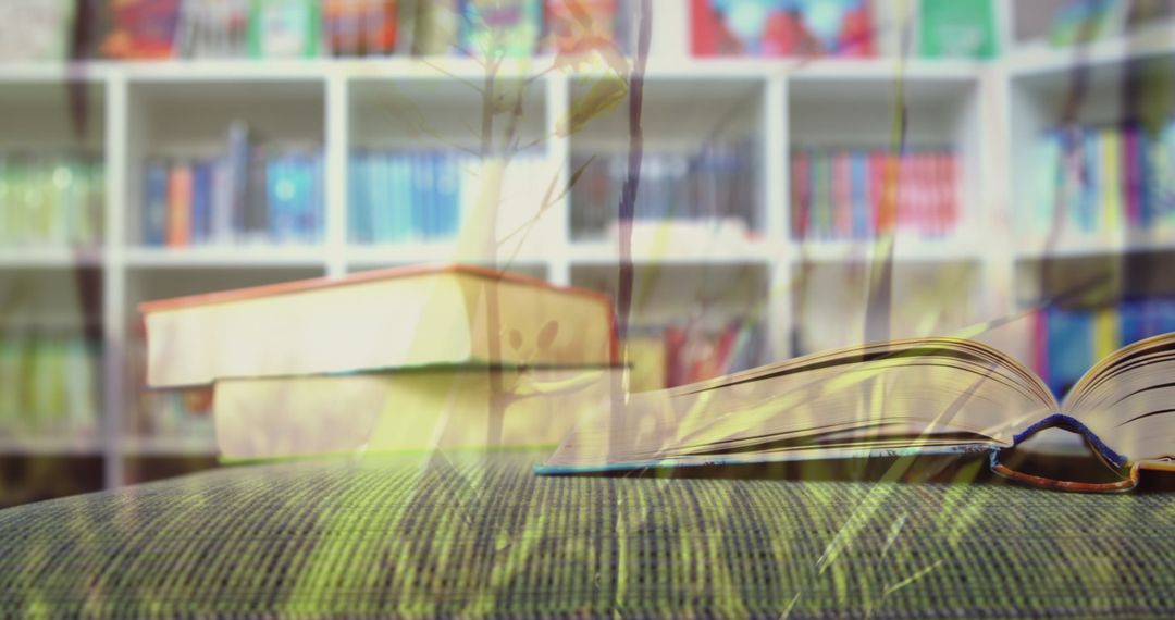 Dreamlike Library Scene Blending Open Book and Nature
