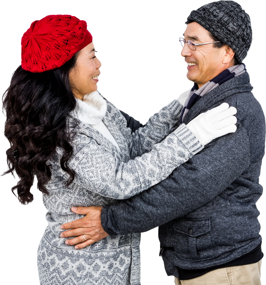 Happy Senior Couple Embracing in Warm Winter Clothing on Transparent Background - Download Free Stock Images Pikwizard.com