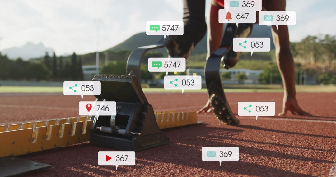 Athlete Ready to Sprint with Social Media Notifications Overlay