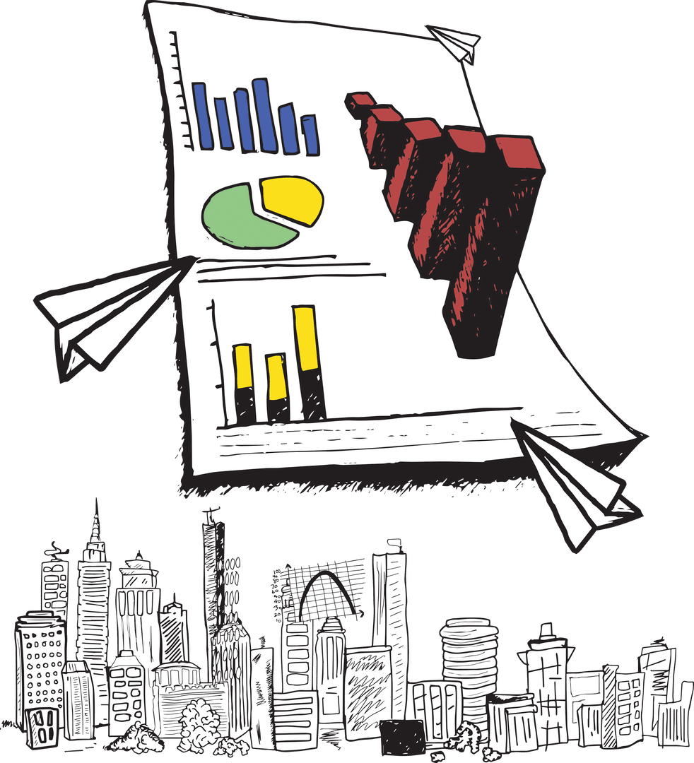 Transparent Business Data Charts Floating Above Urban Skyline