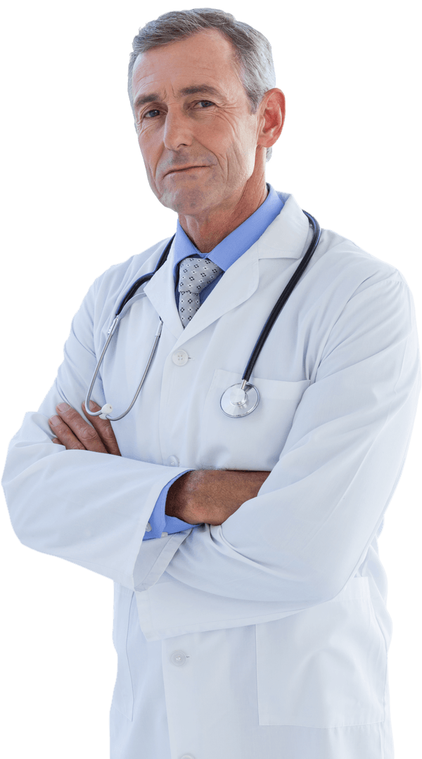 Confident Male Doctor with Arms Crossed and Stethoscope in Transparent Background