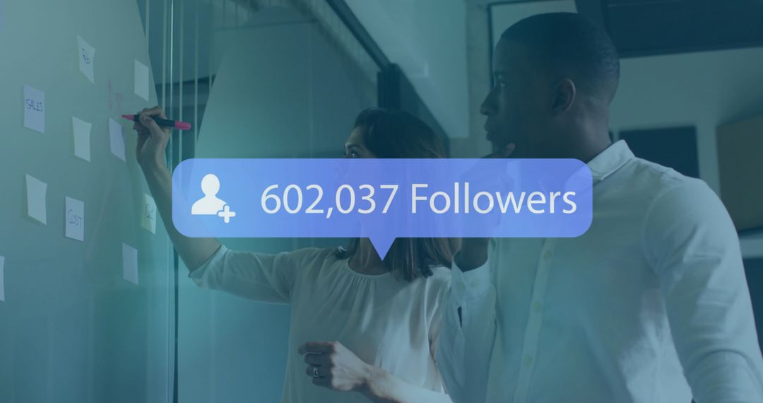 Innovative Team Discussing Strategies with Follower Milestone Indicator