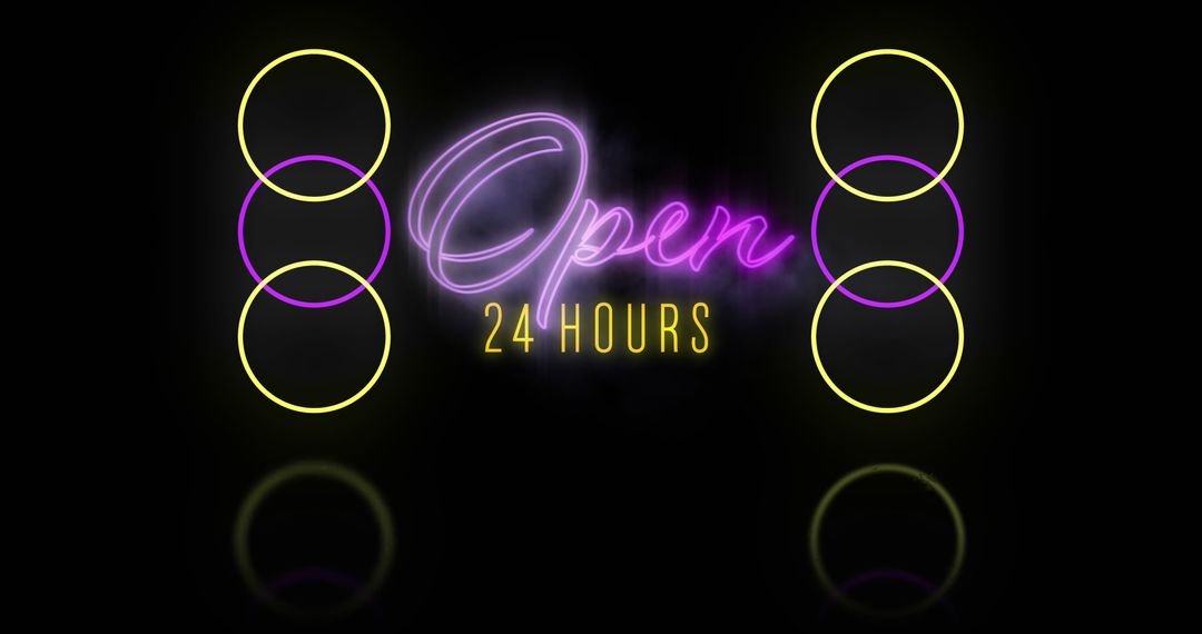Open 24 Hours Neon Sign Design with Circular Accents
