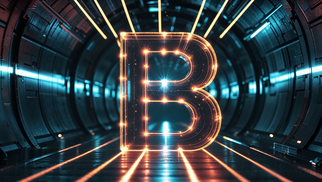 Futuristic Sci-Fi Corridor with Glowing Letter B Light Installation