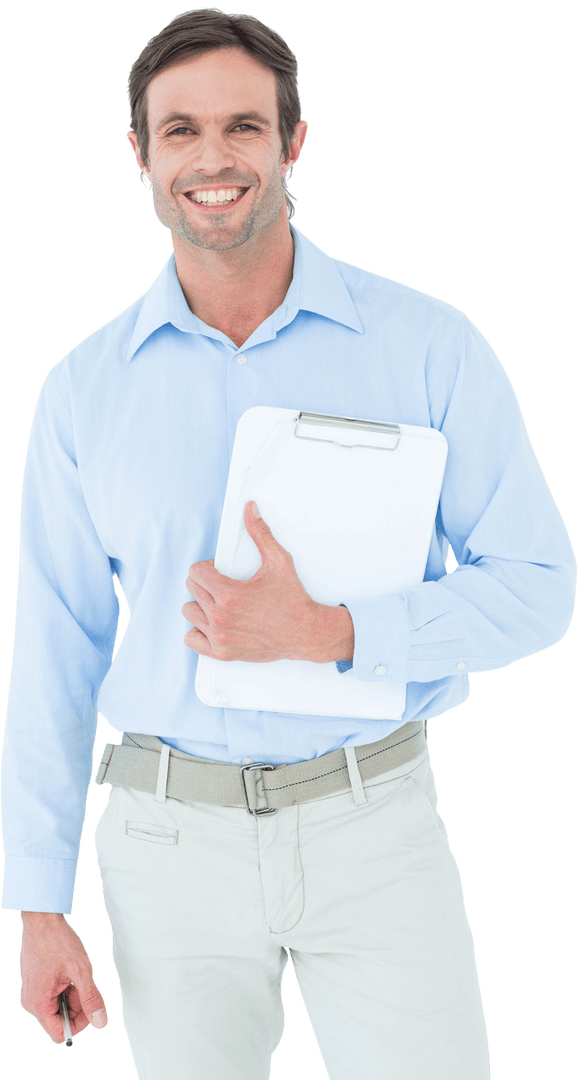 Confident Smiling Supervisor Holding Transparent Clipboard
