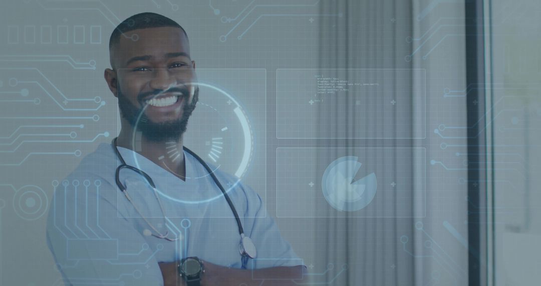 Smiling Doctor in Clinic with Futuristic Data Interfaces