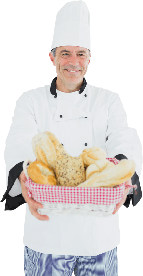 Smiling Chef Holding Bread Basket Isolated on Transparent Background