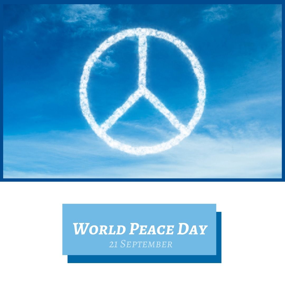 Digital composite image of symbol in blue sky with world peace day text, copy space - Download Free Stock Templates Pikwizard.com