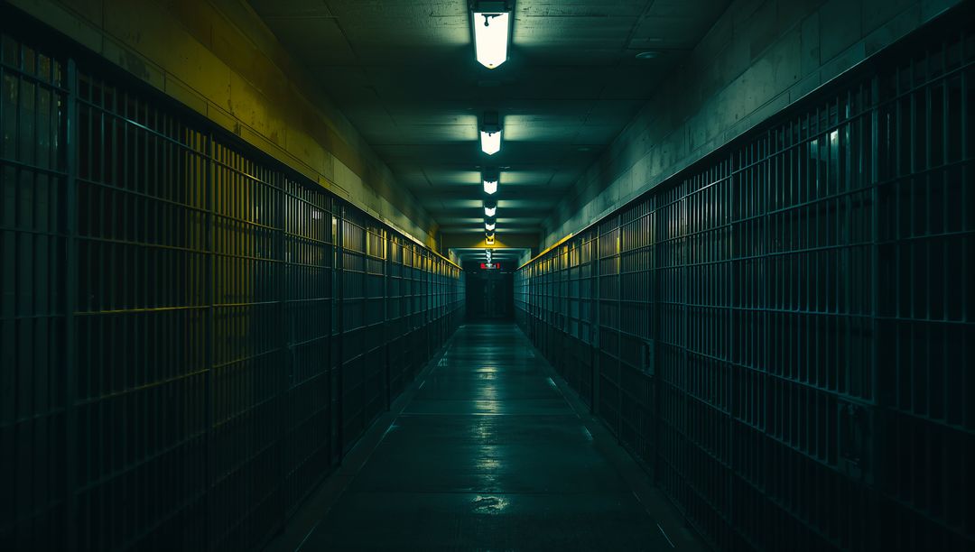 Dimly Lit Prison Corridor with Symmetrical Bars and Gate