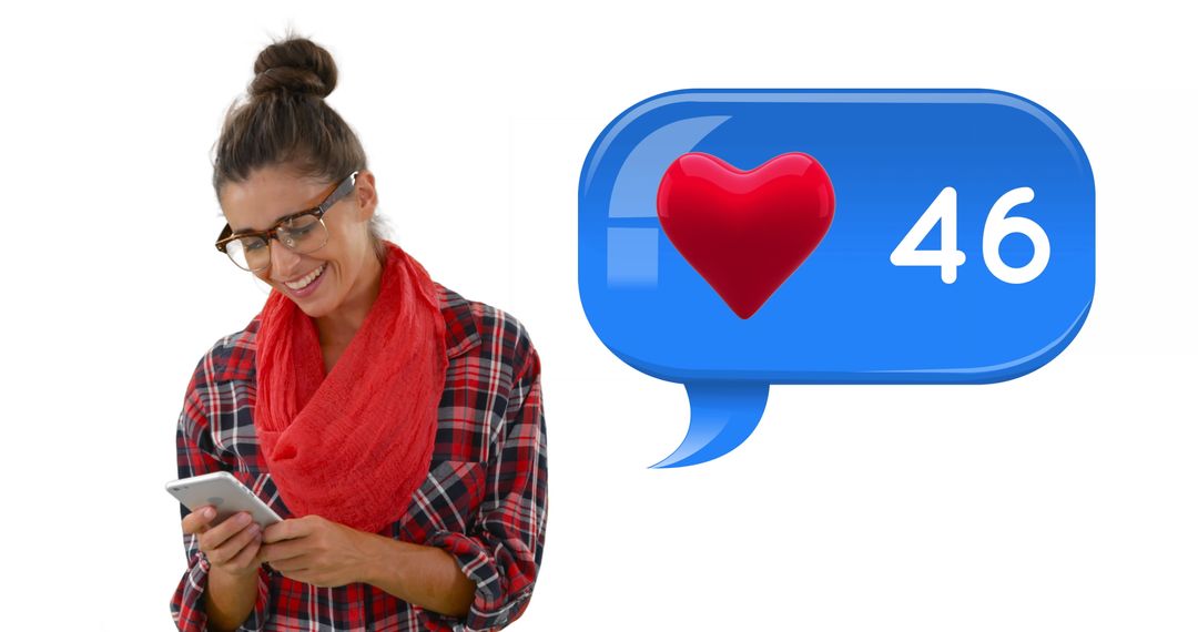 Smiling woman engaging with social media notification on smartphone