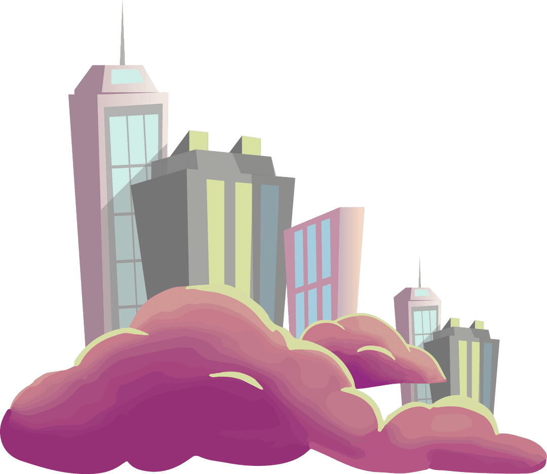 Transparent Futuristic Urban Skyline with Magenta Clouds