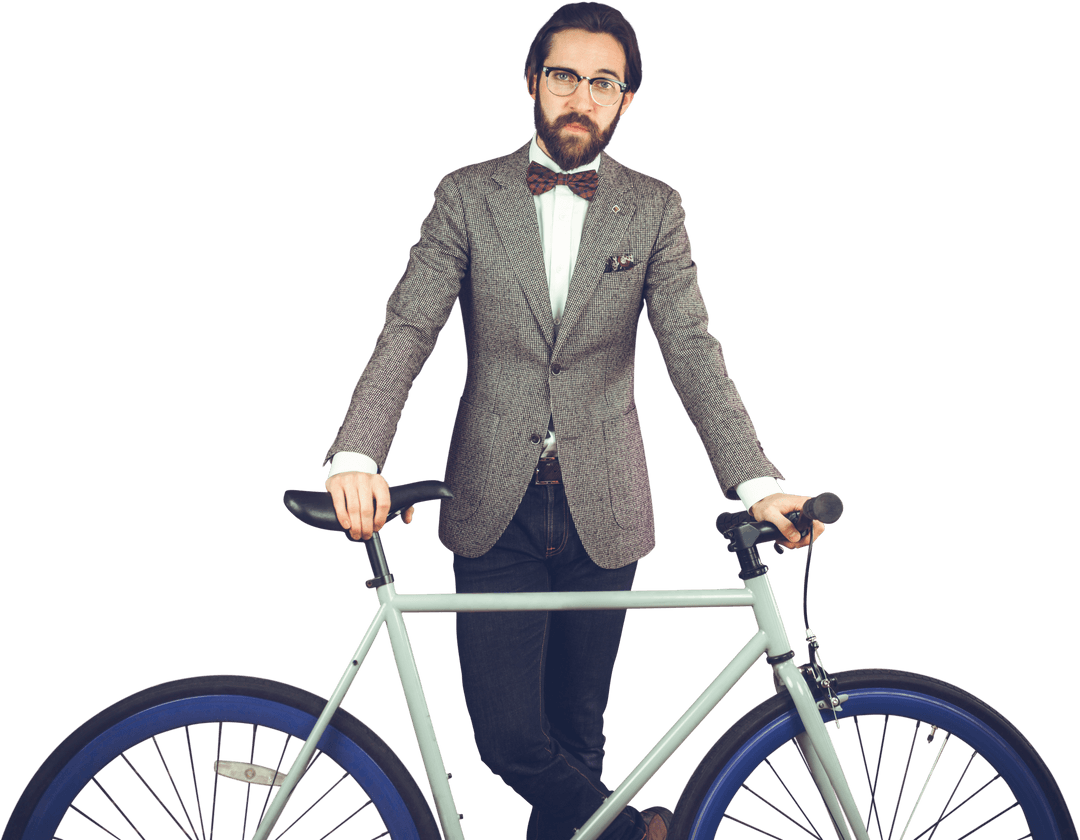 Transparent Portrait of Stylish Businessman with Bicycle Standing