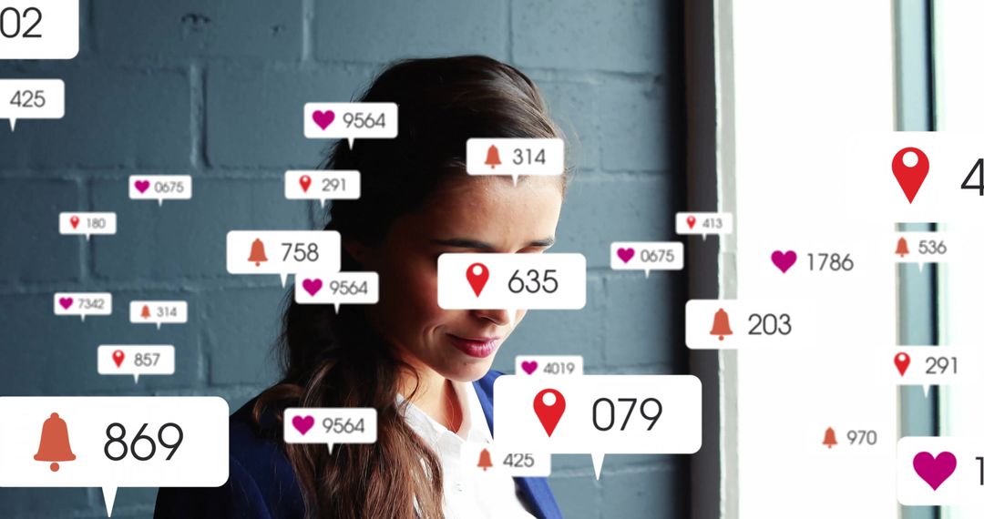 Businesswoman Surrounded by Influencer Success Notification Icons