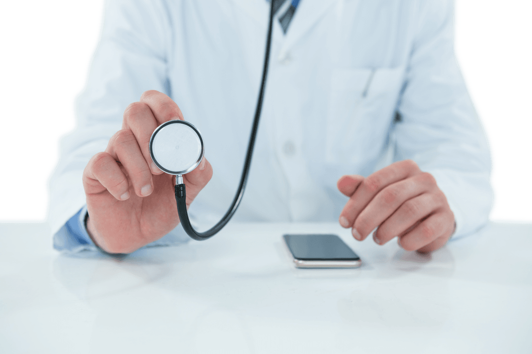 Doctor Holding Stethoscope with Smartphone on Transparent Surface