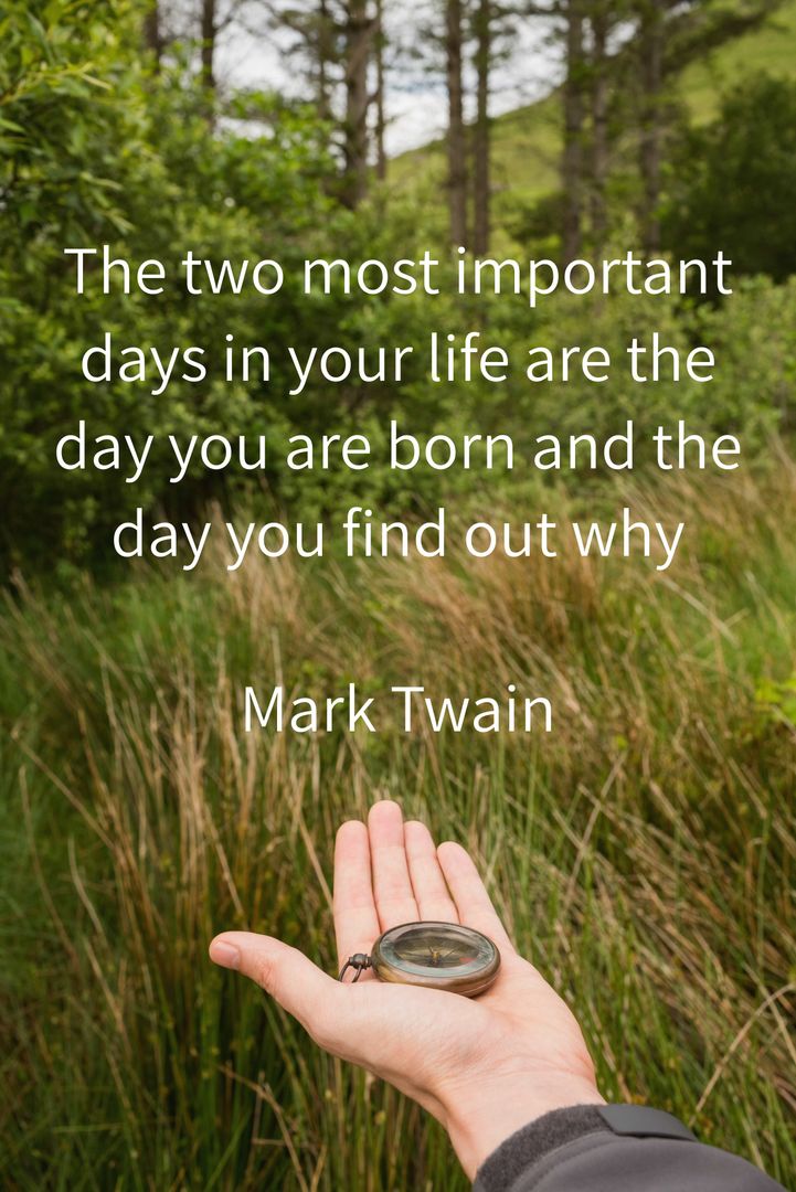 Inspiring Quote by Mark Twain Over Hand Holding Compass in Lush Forest - Download Free Stock Templates Pikwizard.com