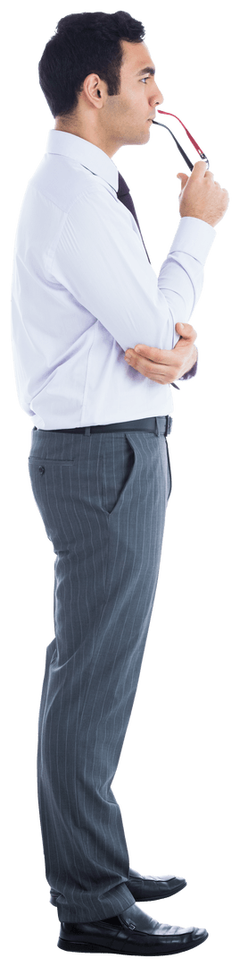 Thoughtful Asian Businessman Crunching Numbers Transparent