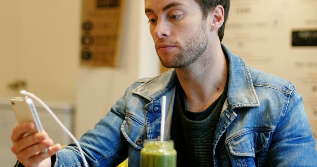 Young Man at Cafe Using Smartphone and Drinking Green Smoothie - Free Images, Stock Photos and Pictures on Pikwizard.com