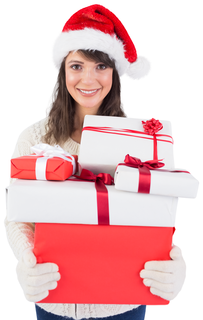 Joyful Woman in Santa Hat Holding Christmas Gifts Transparent - Download Free Stock Images Pikwizard.com