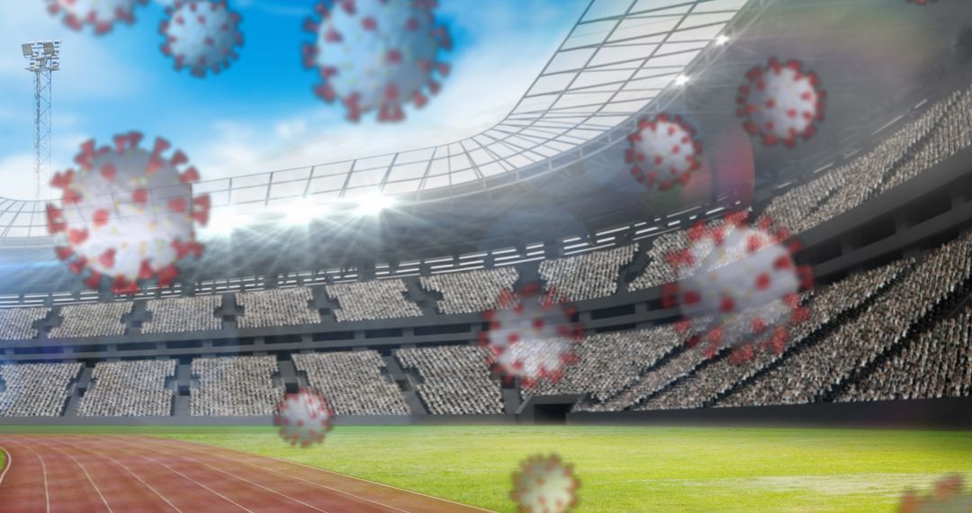 Empty Stadium with Floating Coronavirus Particles Illustrating Pandemic Impact on Sports