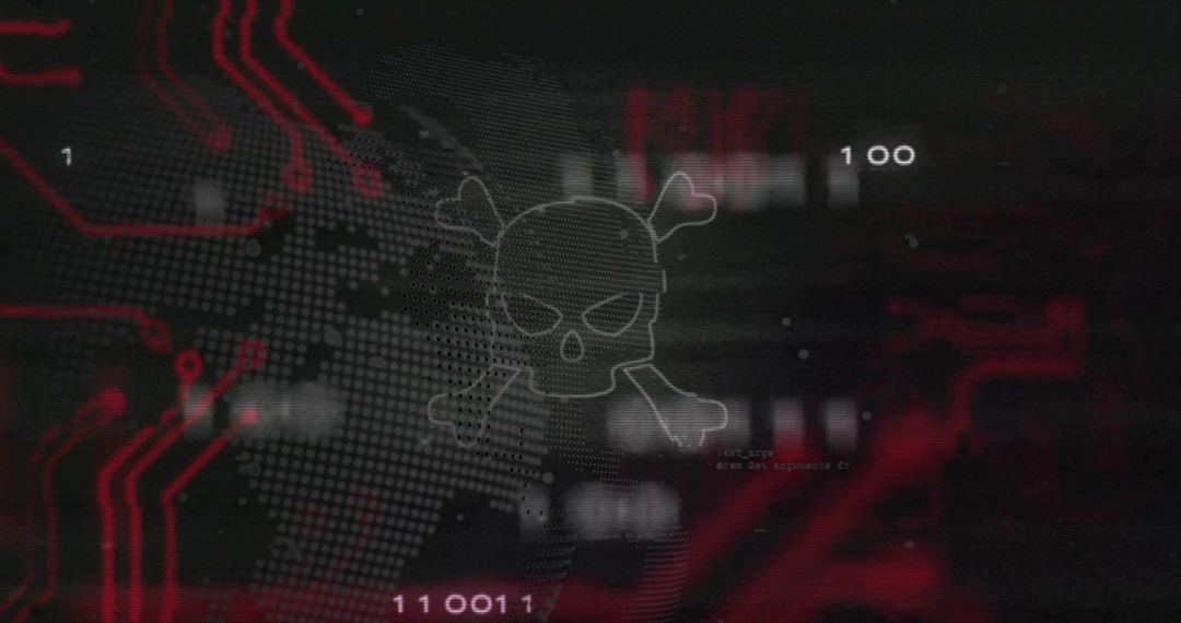 Glitching cyber skull and crossbones over digital globe signaling global cyber threat