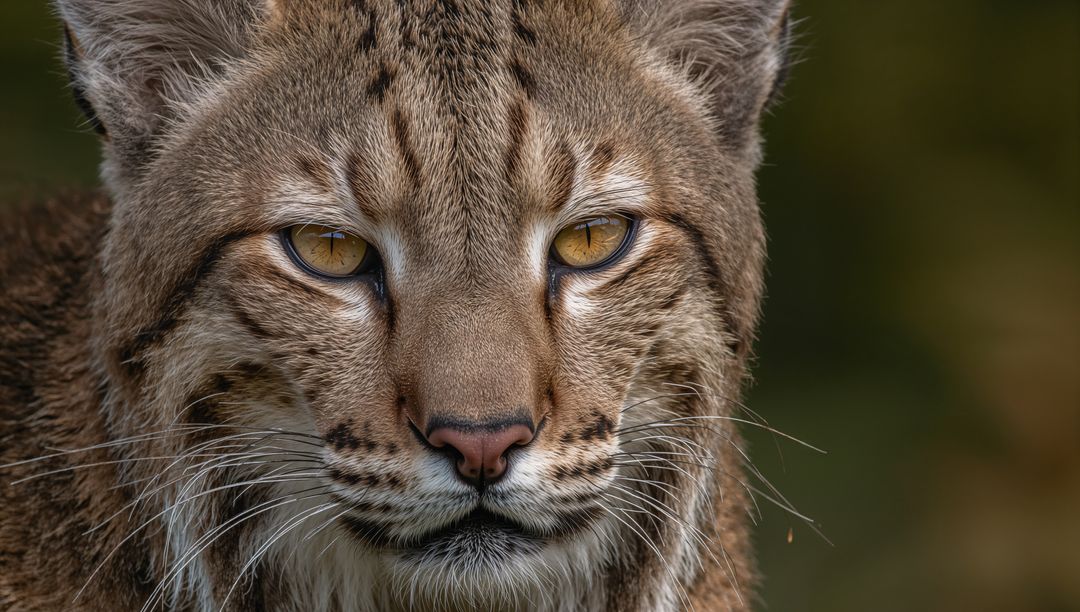 Close-up Eurasian Lynx Staring with Amber Eyes and Long Whiskers